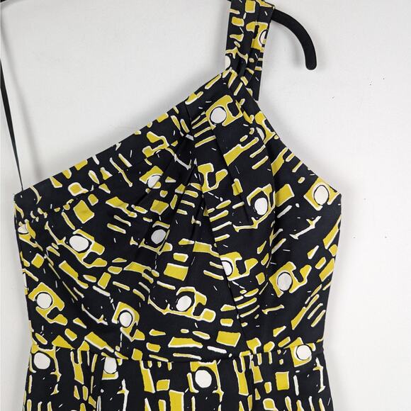 Milly Black and Yellow One Shoulder Geometric Silk Blend Mini Dress Size 8 - Picture 2 of 8